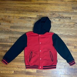 Boys red and black button down sweater with hoodie